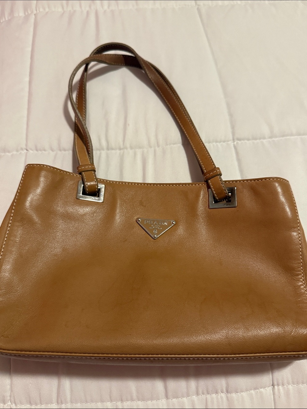 Prada Tan Leather Shoulder Tote with Silver Hardware
